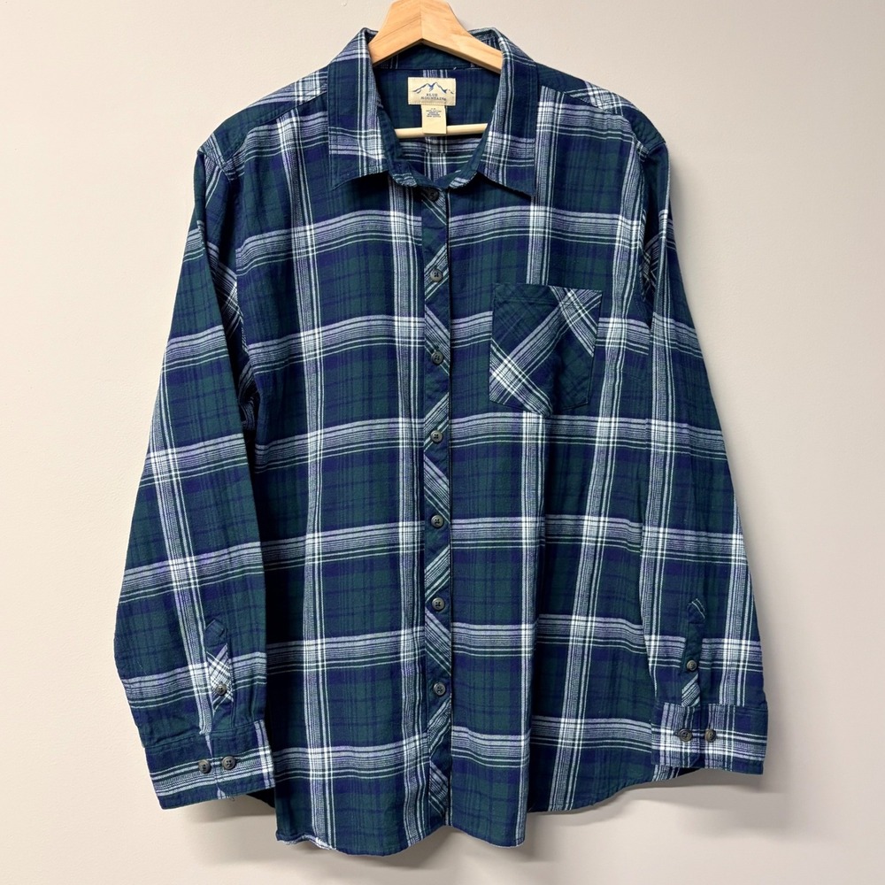 Blue Mountain Mens 2X Green Blue Plaid Flannel Shirt 100% Cotton Workwear Fall